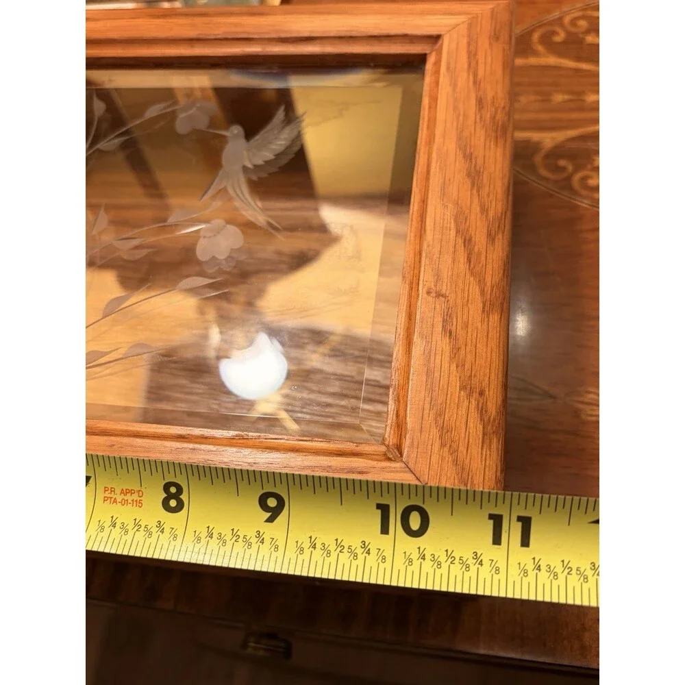 Vintage Wooden Jewelry Box With Etched Glass with flowers and hummingbirds